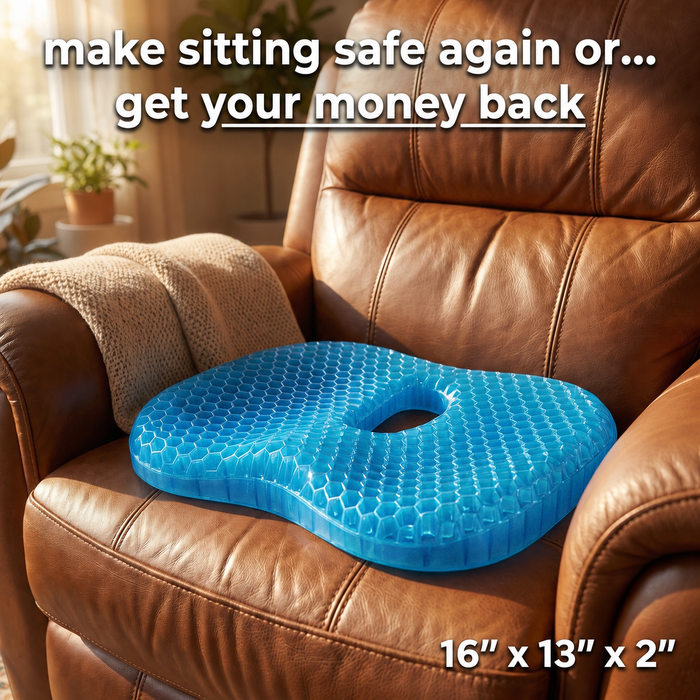 MediGel blue honeycomb gel seat cushion on a leather recliner
